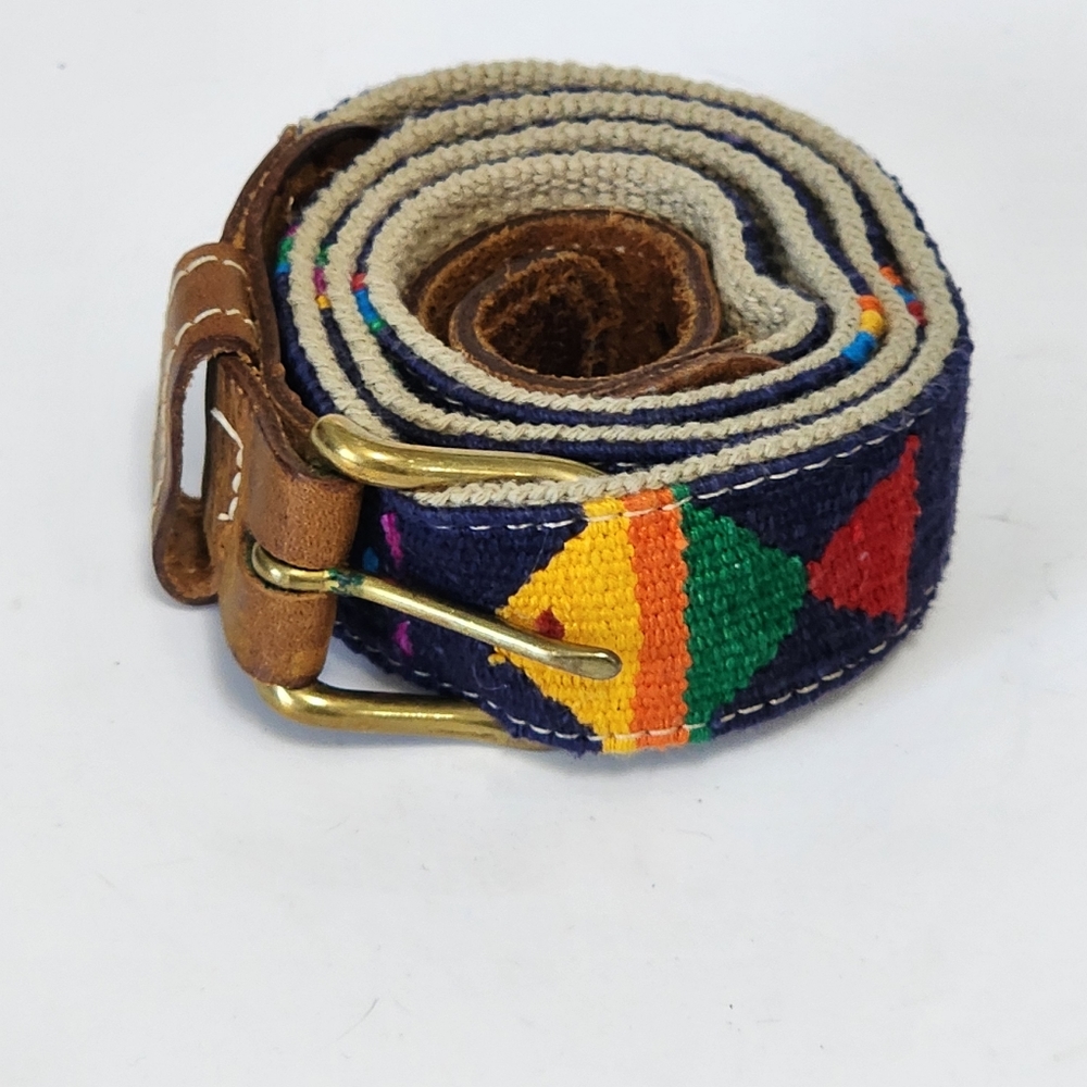 A Tail We Could Wag Blue Foolish Fish Cotton Leather Brass Buckle Belt Size 34